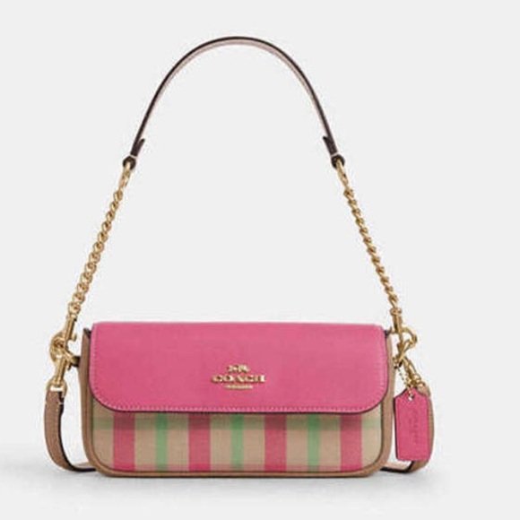 🎀 Coach NWT Pink Hailey Flap Bag With Plaid Print with crossbody &Gold Hardware - Picture 1 of 8